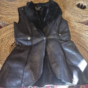 L A Collection black faux fur trim long vest jacket. Size medium
